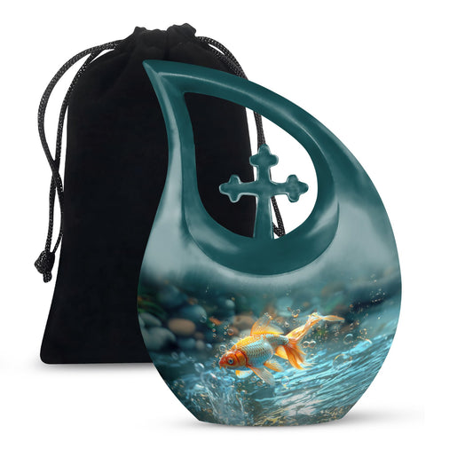 10 inch Gold Fish Cross Drop Urn for ashes