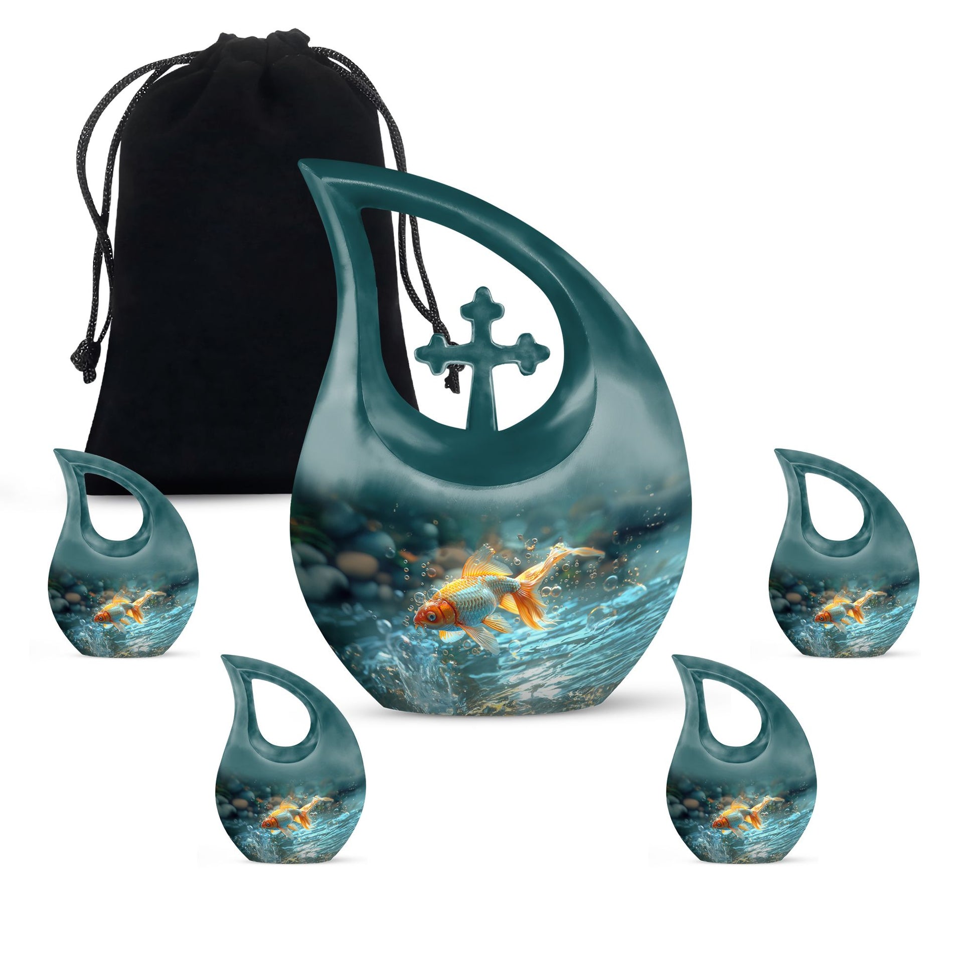 Gold Fish Theme Large Urn With 4 Keepsake Urn