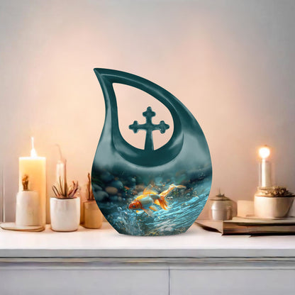 10 inch Gold Fish Cross Drop Urn for ashes