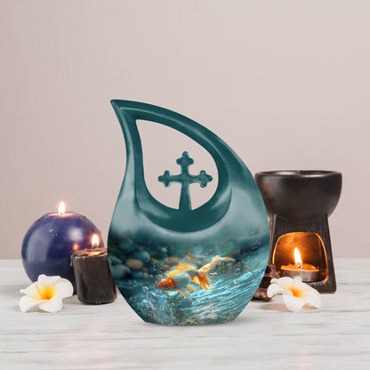 10 inch Gold Fish Cross Drop Urn for ashes
