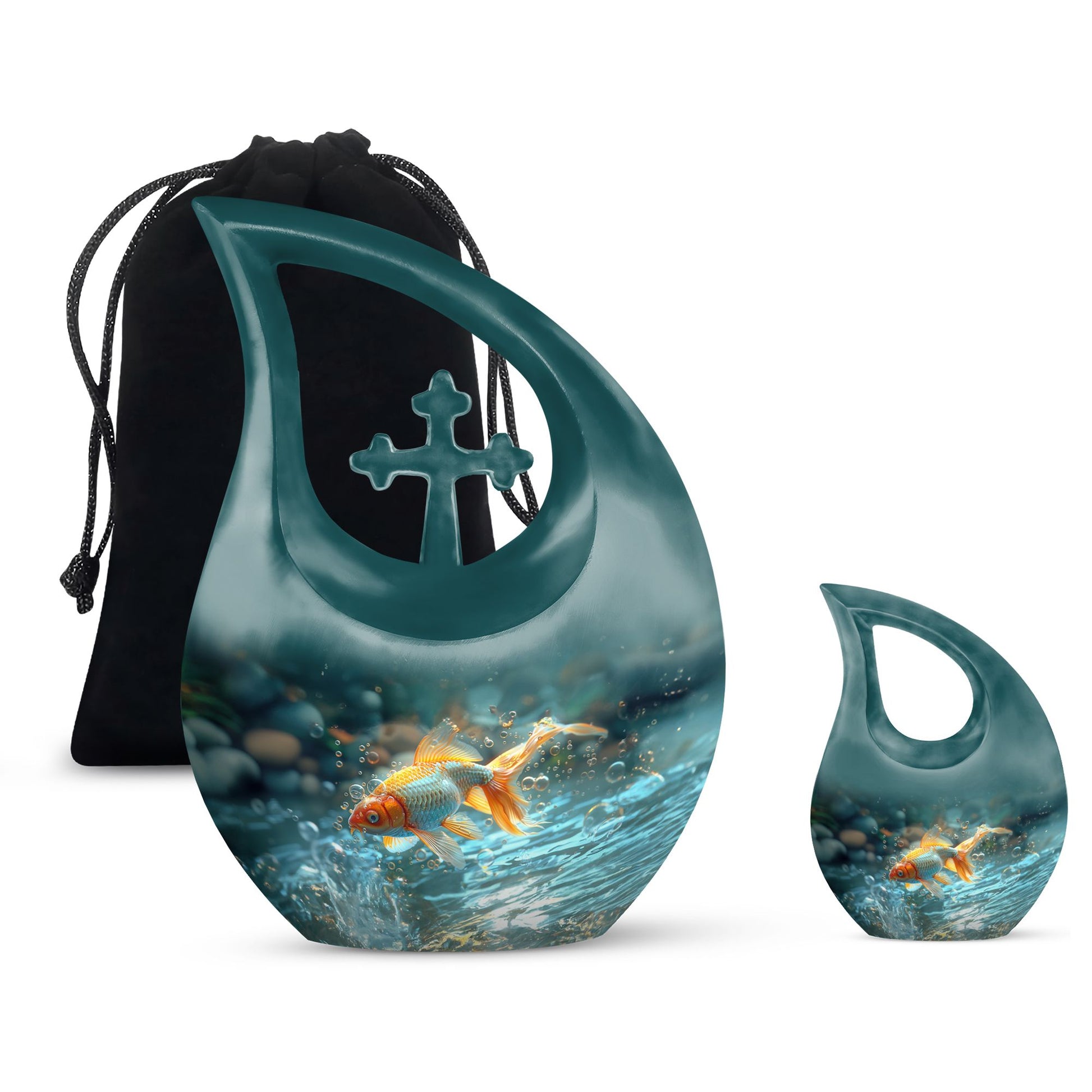 Gold Fish Theme Large Urn With 1 Keepsake Urn