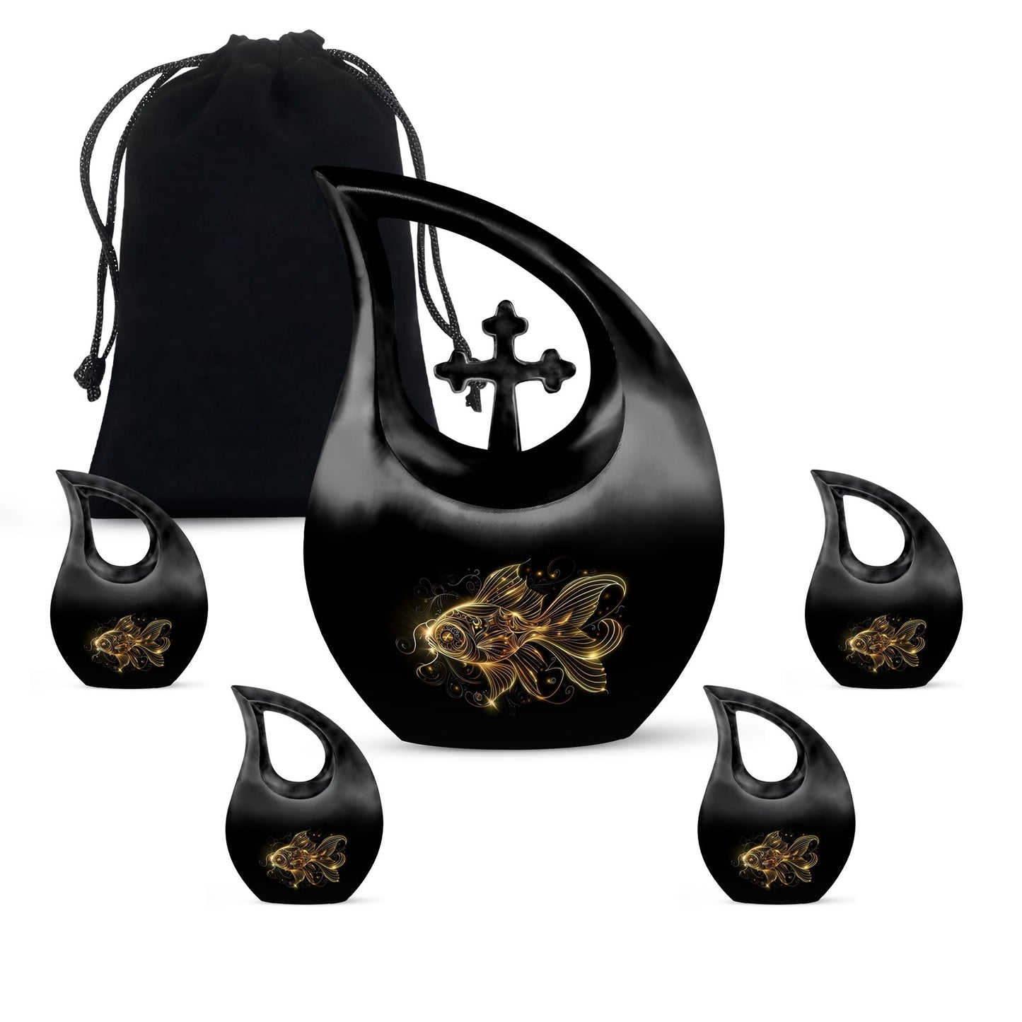Fish Urn for Human Ashes with Cross Cutout, Glowing Gold Outline Fish, Black Teardrop