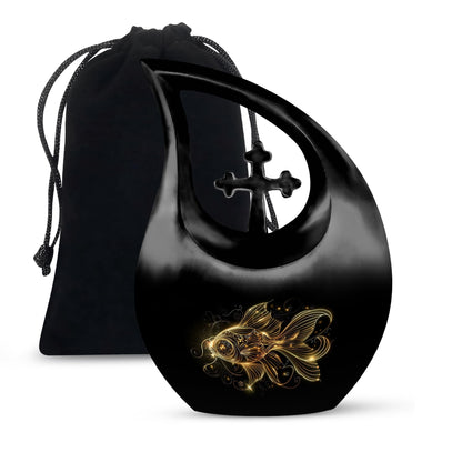Fish Urn for Human Ashes with Cross Cutout, Glowing Gold Outline Fish, Black Teardrop