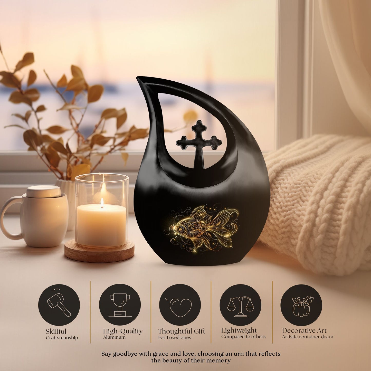 10-inch gold fish cross drop memorial urn
