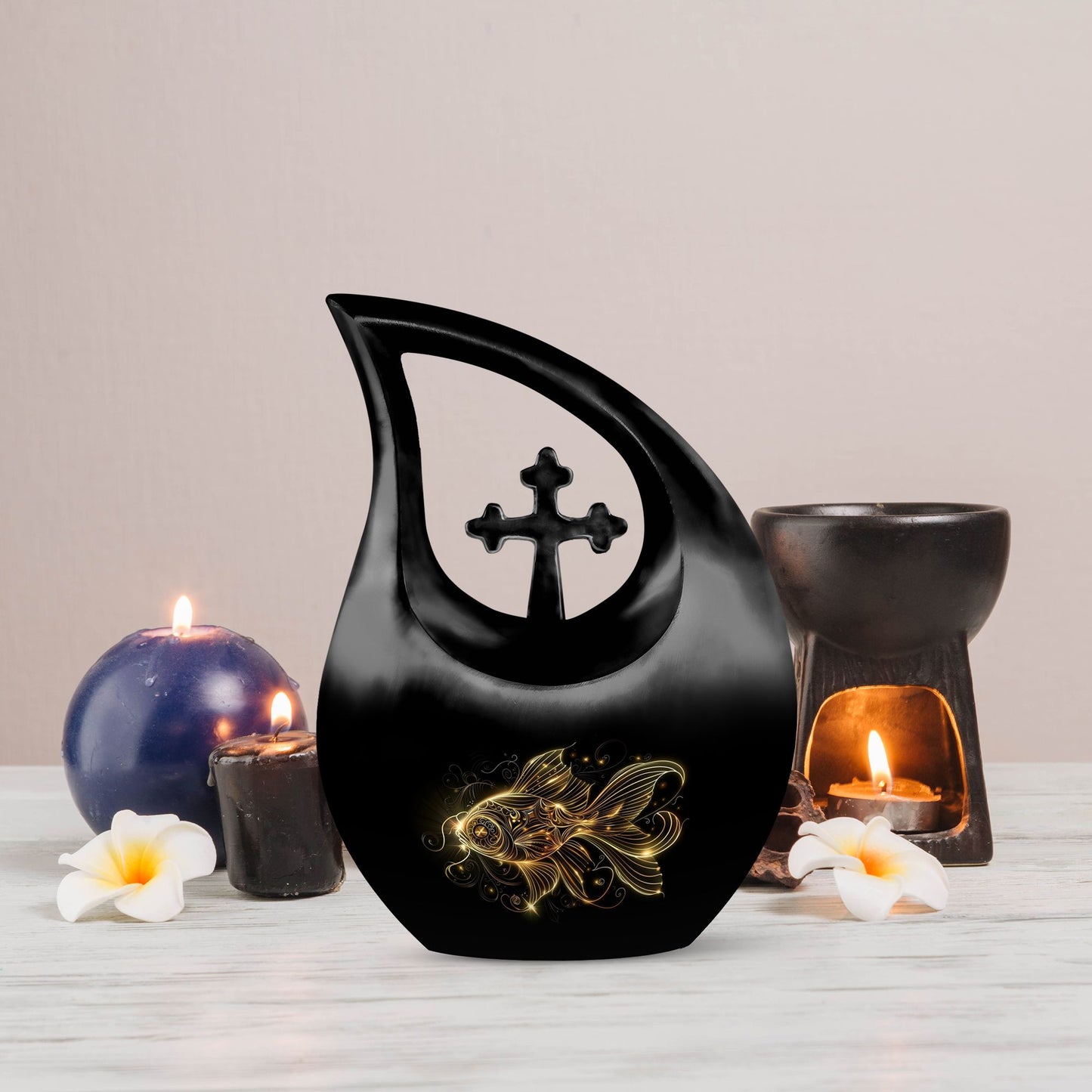 10-inch gold fish cross drop memorial urn
