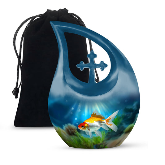Gold Fish Design Cross Drop Funeral Urn