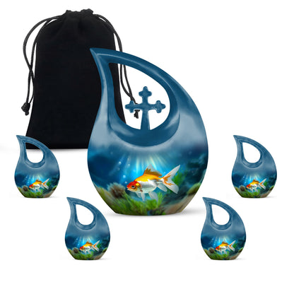 Gold Fish Design Cross Drop Funeral Urn