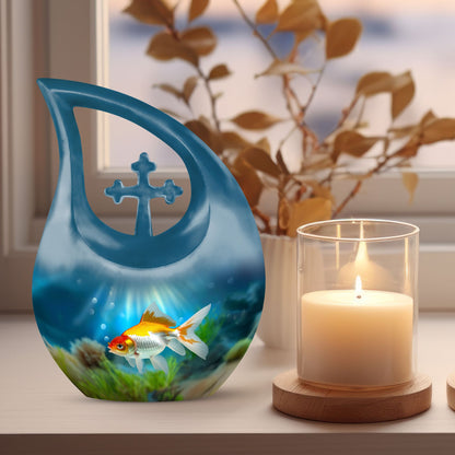 Gold Fish Design Cross Drop Funeral Urn