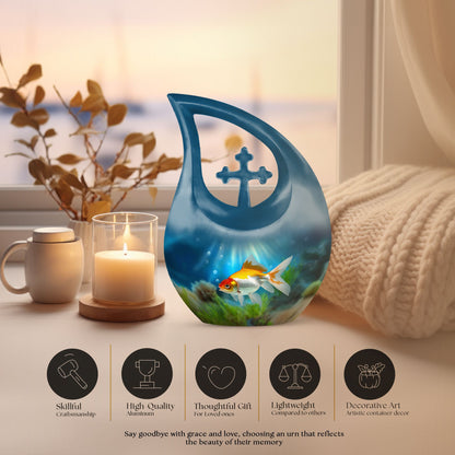 Gold Fish Design Cross Drop Funeral Urn