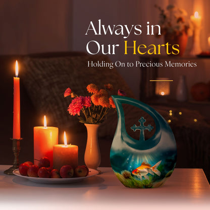 Gold Fish Design Cross Drop Funeral Urn