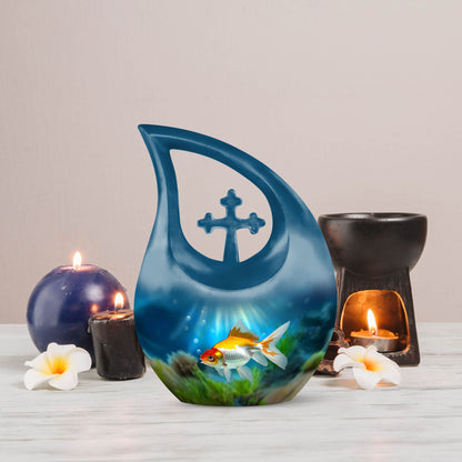 Gold Fish Design Cross Drop Funeral Urn