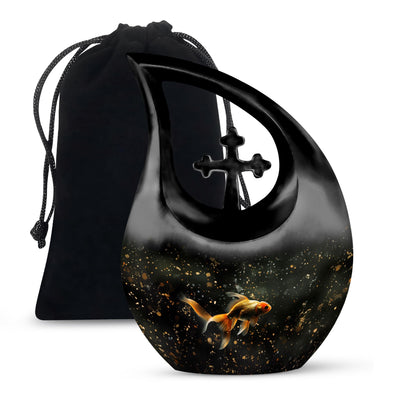 Fish Urn for Pet Ashes with Cross Cutout, Goldfish in Sparkling Water, Teardrop Urn