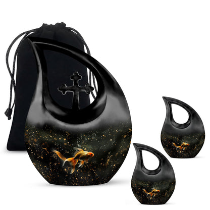 Fish Urn for Pet Ashes with Cross Cutout, Goldfish in Sparkling Water, Teardrop Urn