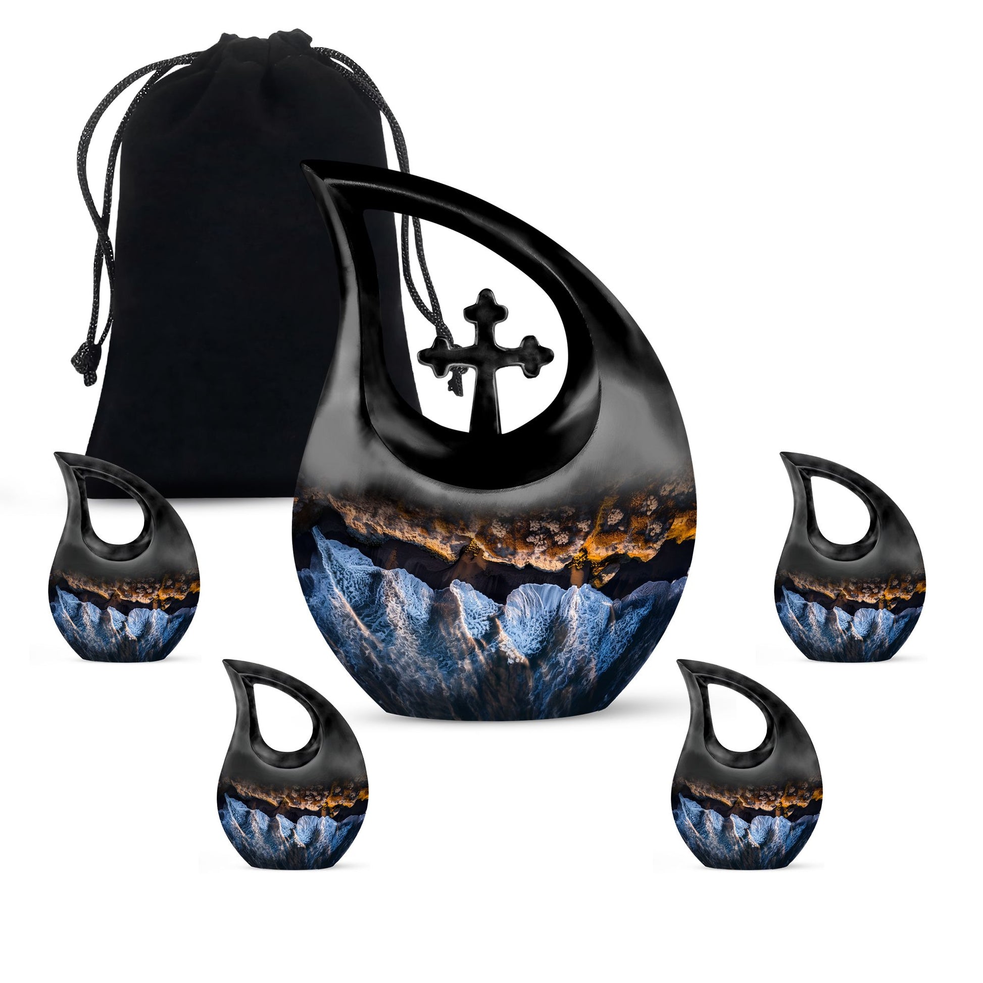 Ocean Waves Theme Large Urn With 4 Keepsake Urn