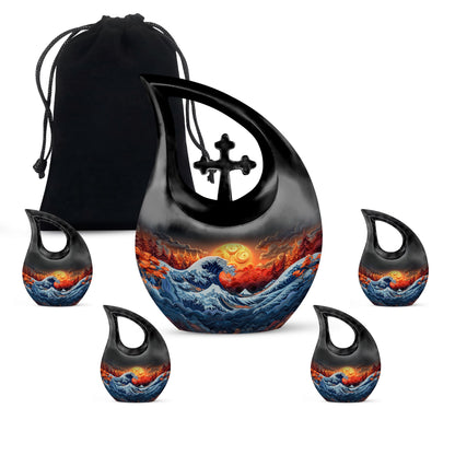 Ocean Urn for Human Ashes, Great Wave Style with Fiery Sun, Memorial Urn