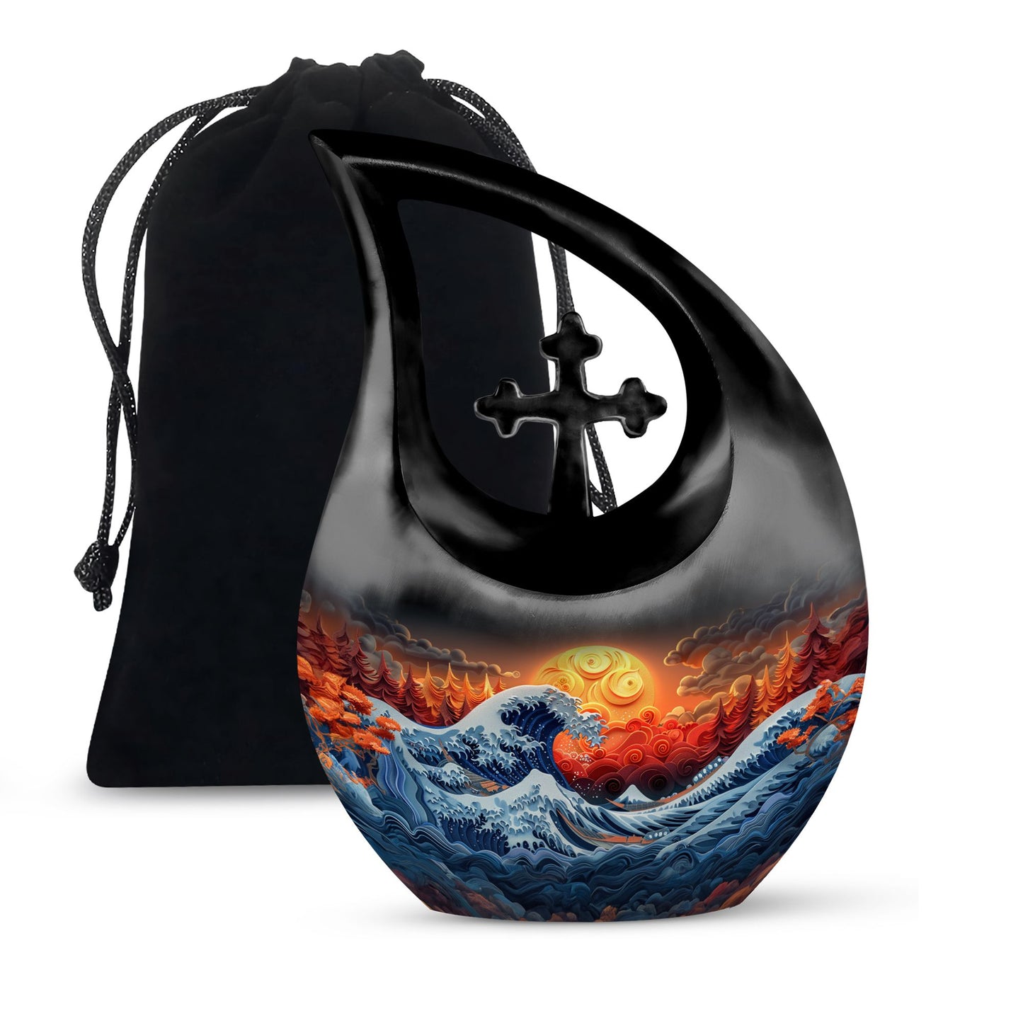 Ocean Urn for Human Ashes, Great Wave Style with Fiery Sun, Memorial Urn
