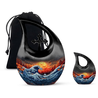 Ocean Urn for Human Ashes, Great Wave Style with Fiery Sun, Memorial Urn