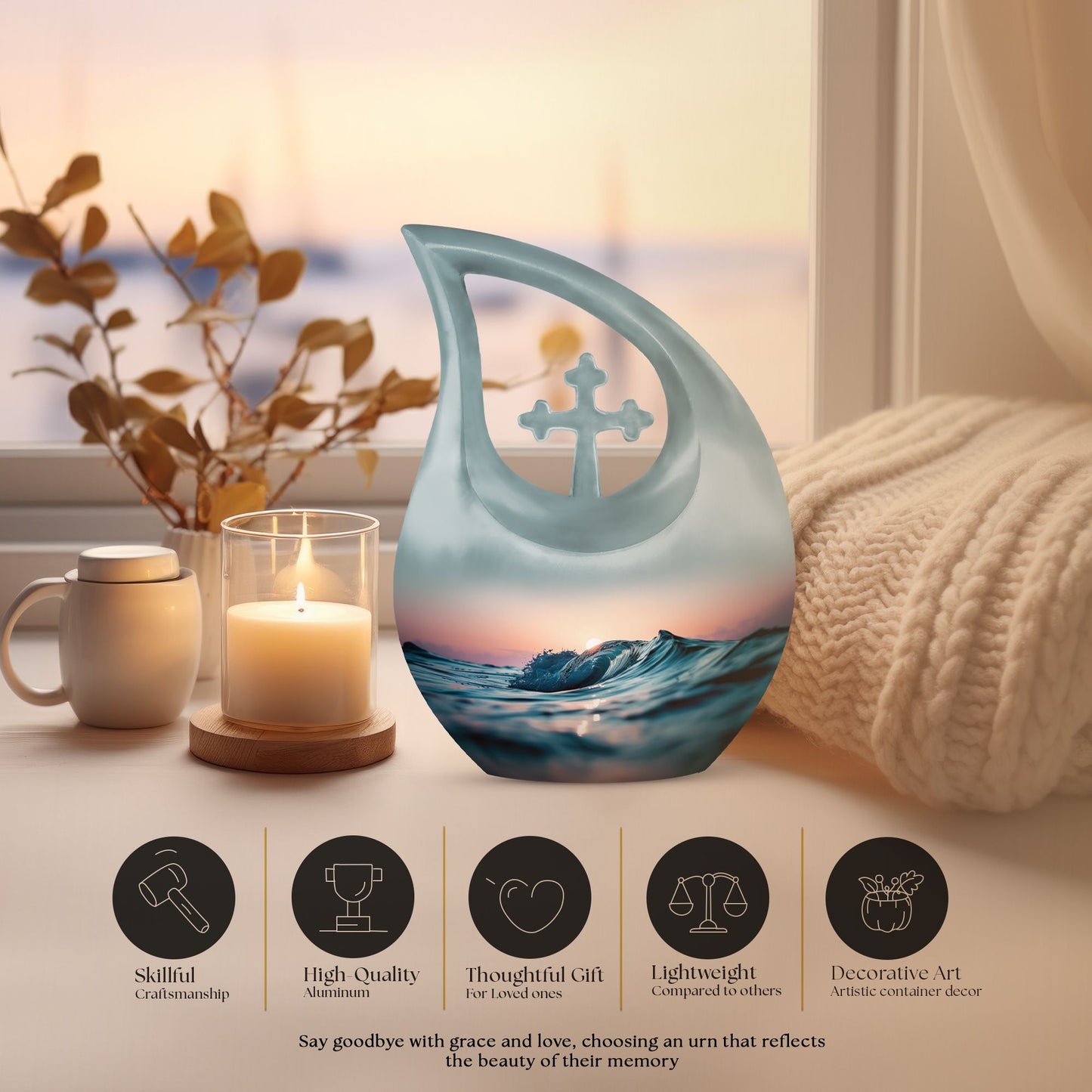 Affordable Cross Drop Ocean Waves Urn