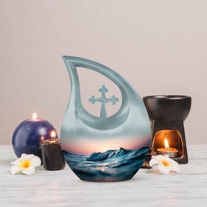 Affordable Cross Drop Ocean Waves Urn