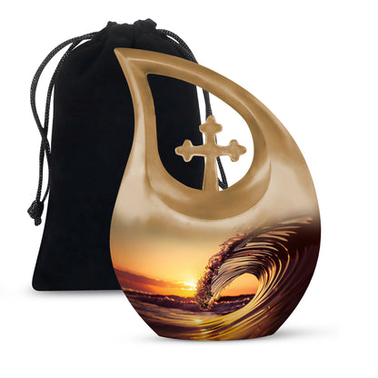 Ocean Urn for Human Ashes, Curling Wave at Golden Sunset, Cremation Urn