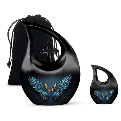 Blue Personalized Wings Cremation Urn for Human Ashes - 10-inch, 200 cu in - Yatskia