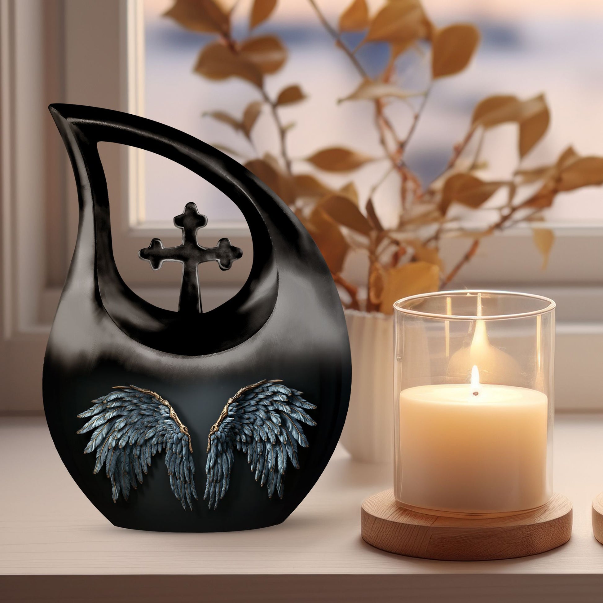 Wings Blue Urn with Cross Drop design