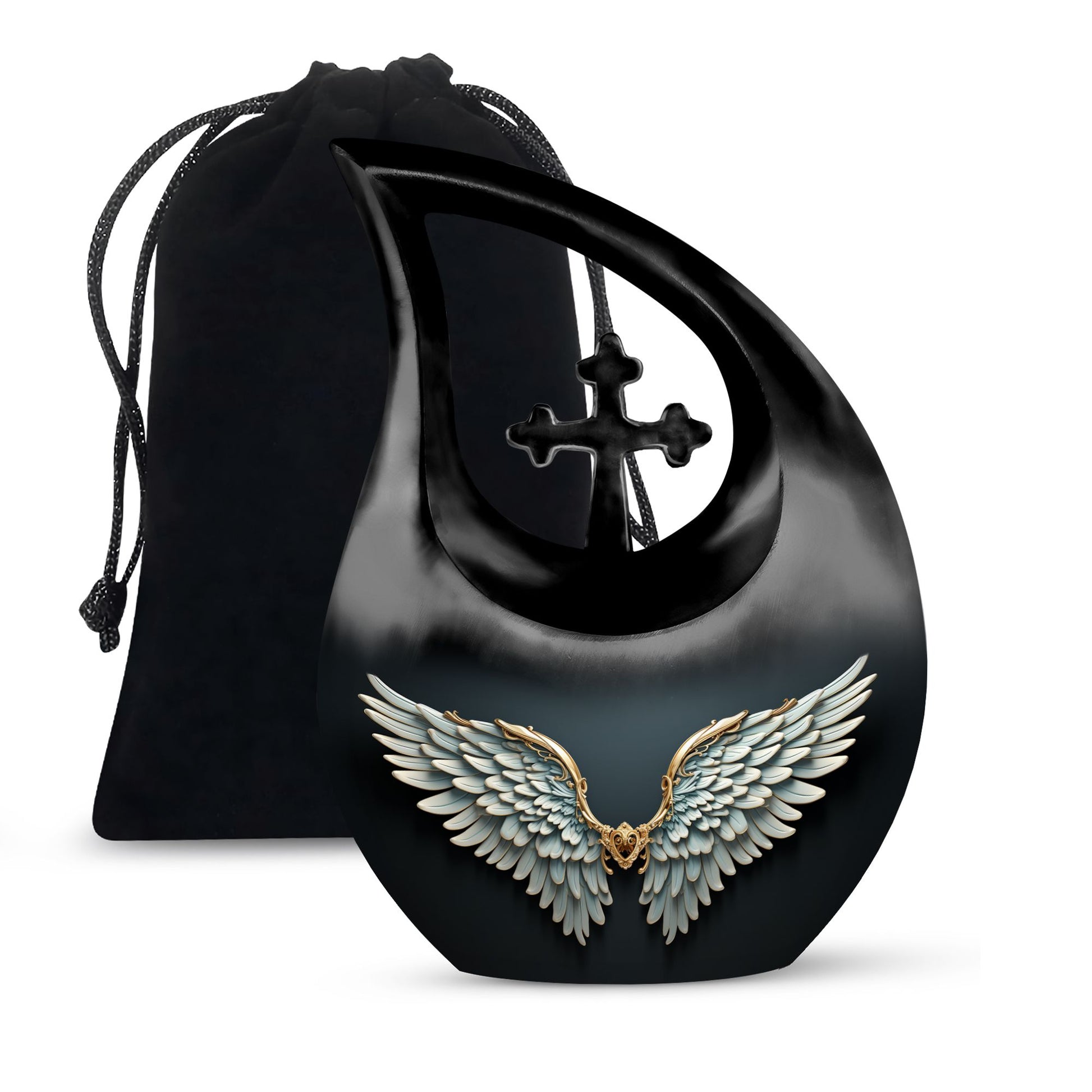 Wings Blue Mom Memorial Urn: Large Cross Drop Design Urn
