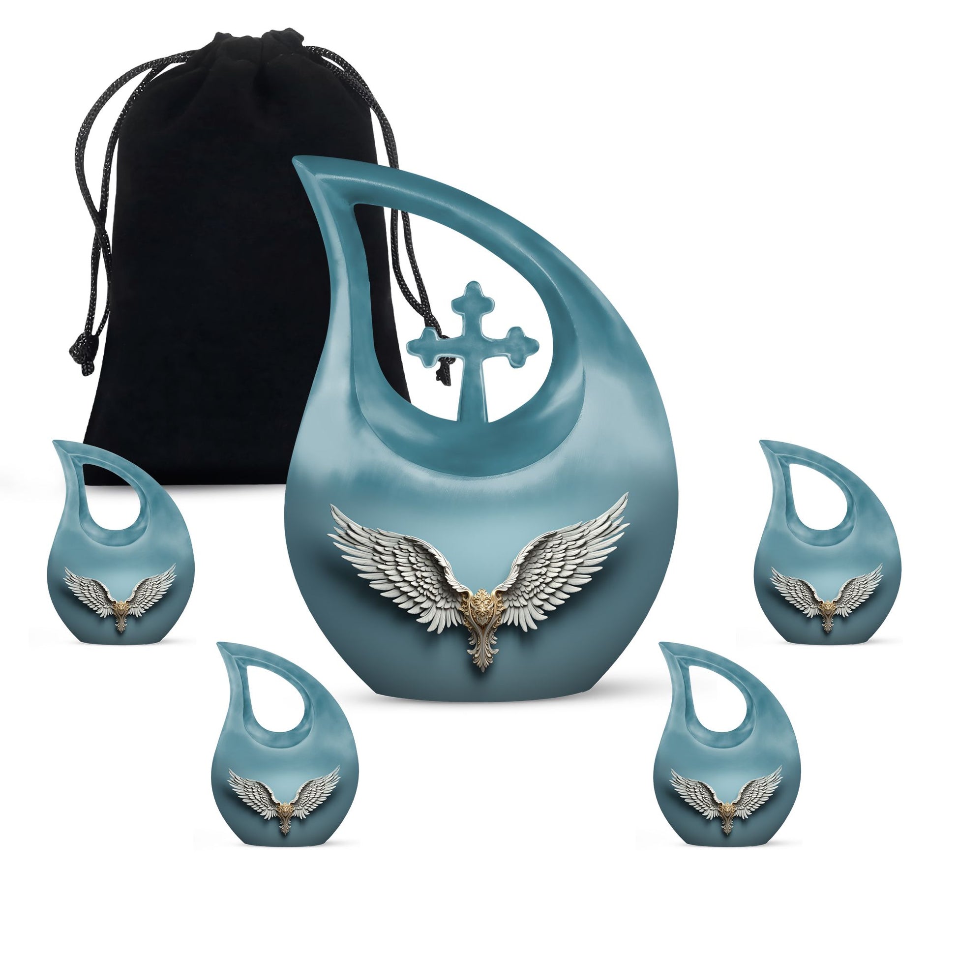 Wings Blue Theme Large Urn With 4 Keepsake Urn