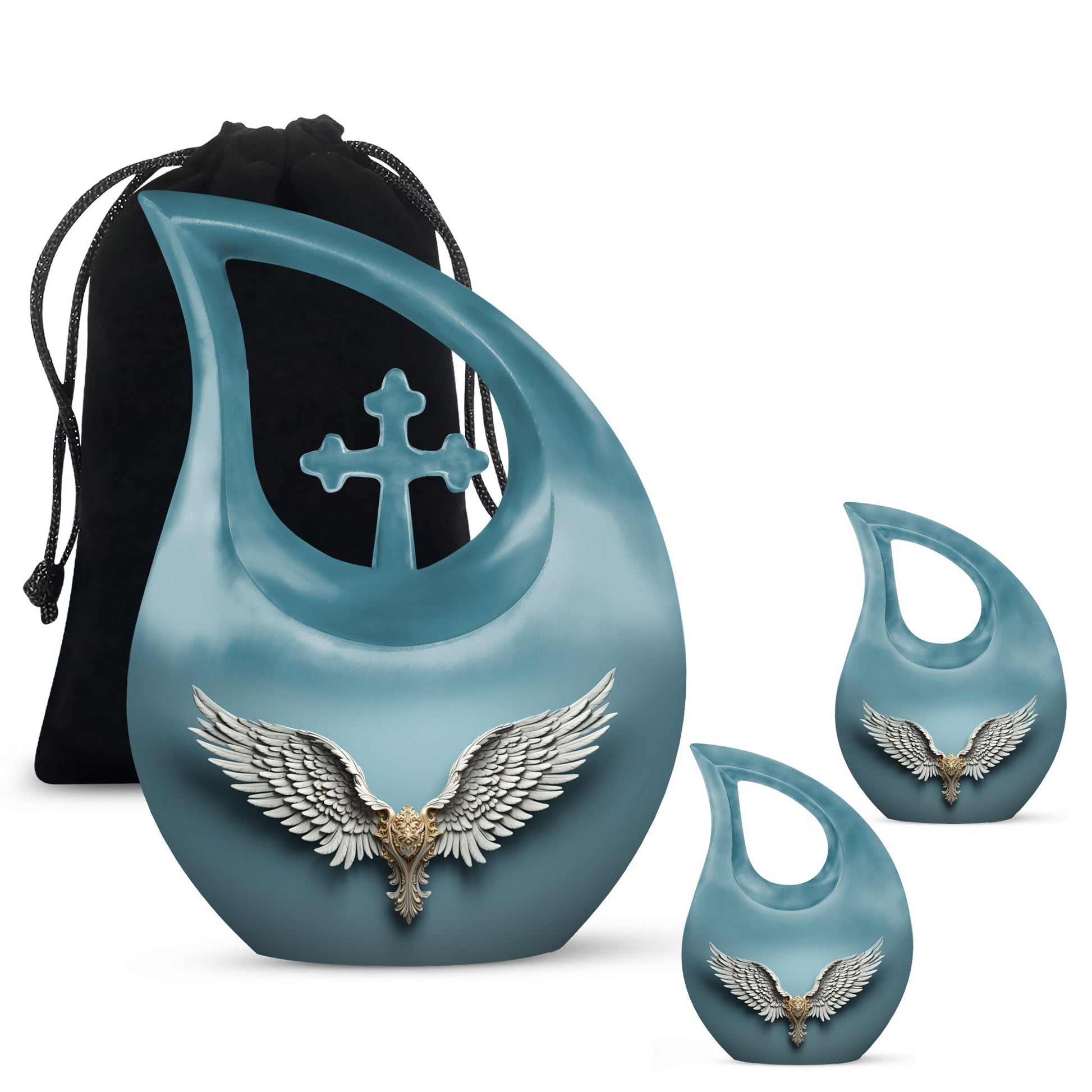 Wings Blue Theme Large Urn With 2 Keepsake Urn