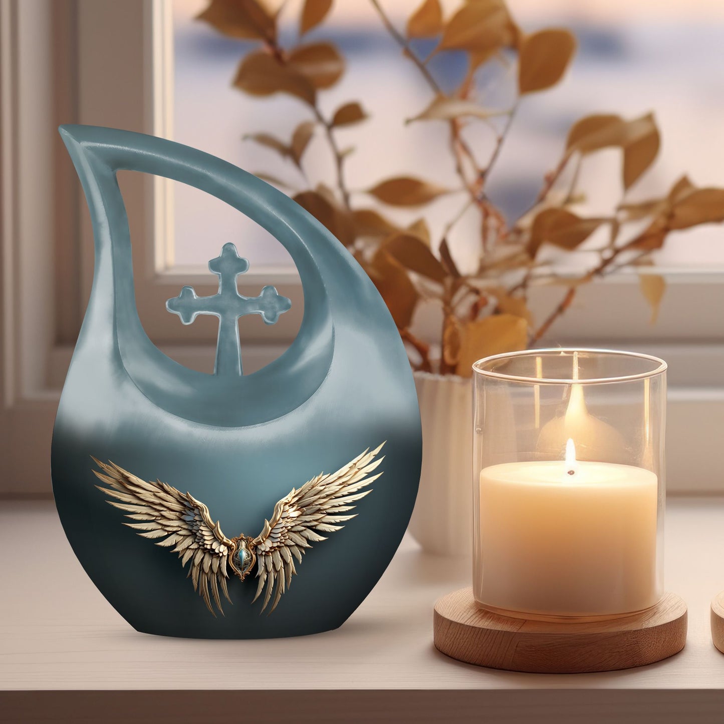 Wings Blue urn with Cross Drop design