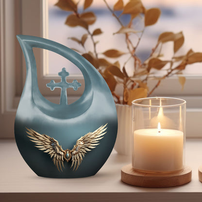 Wings Blue urn with Cross Drop design