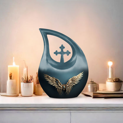 Wings Blue urn with Cross Drop design