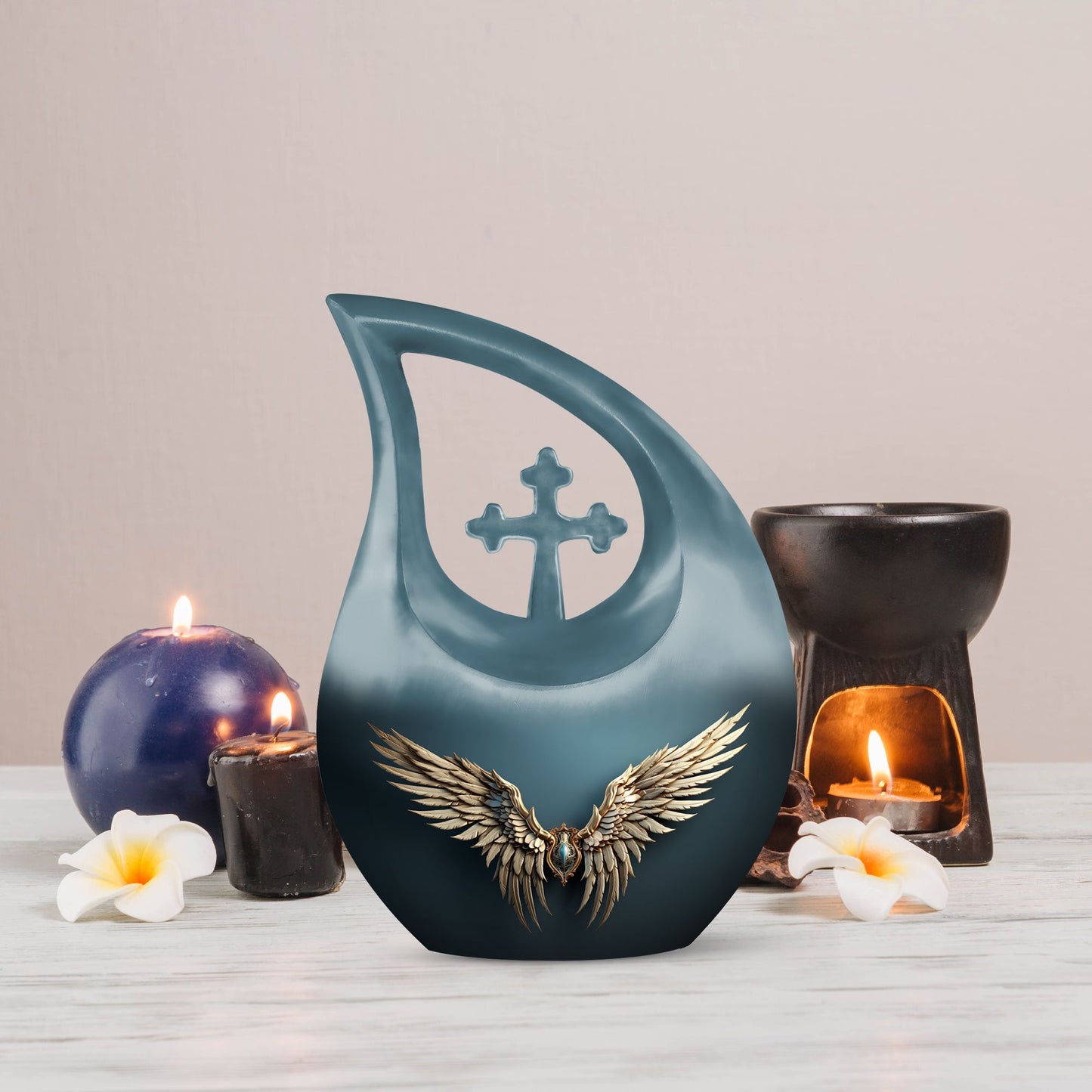Wings Blue urn with Cross Drop design