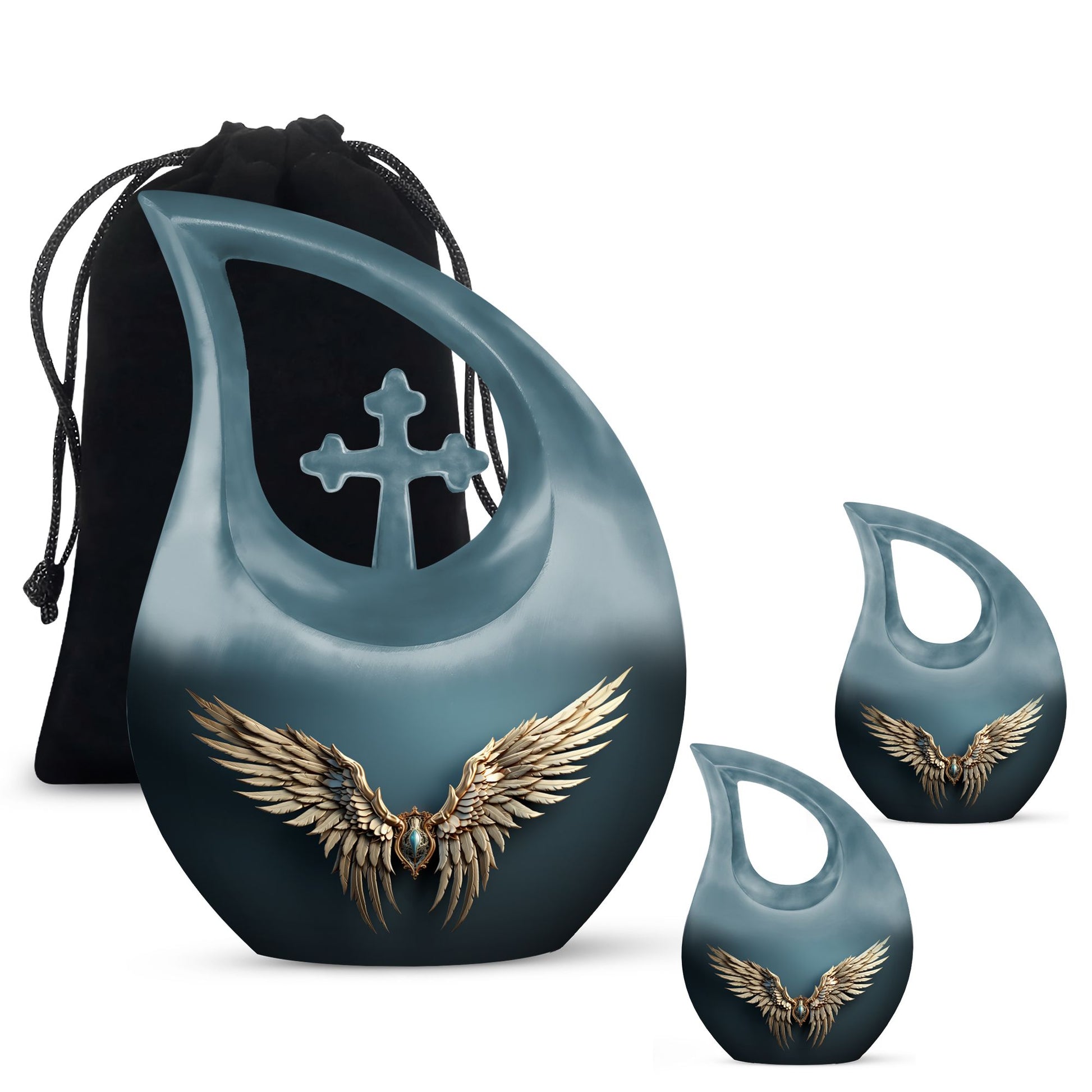 Wings Blue Theme Large Urn With 2 Keepsake Urn