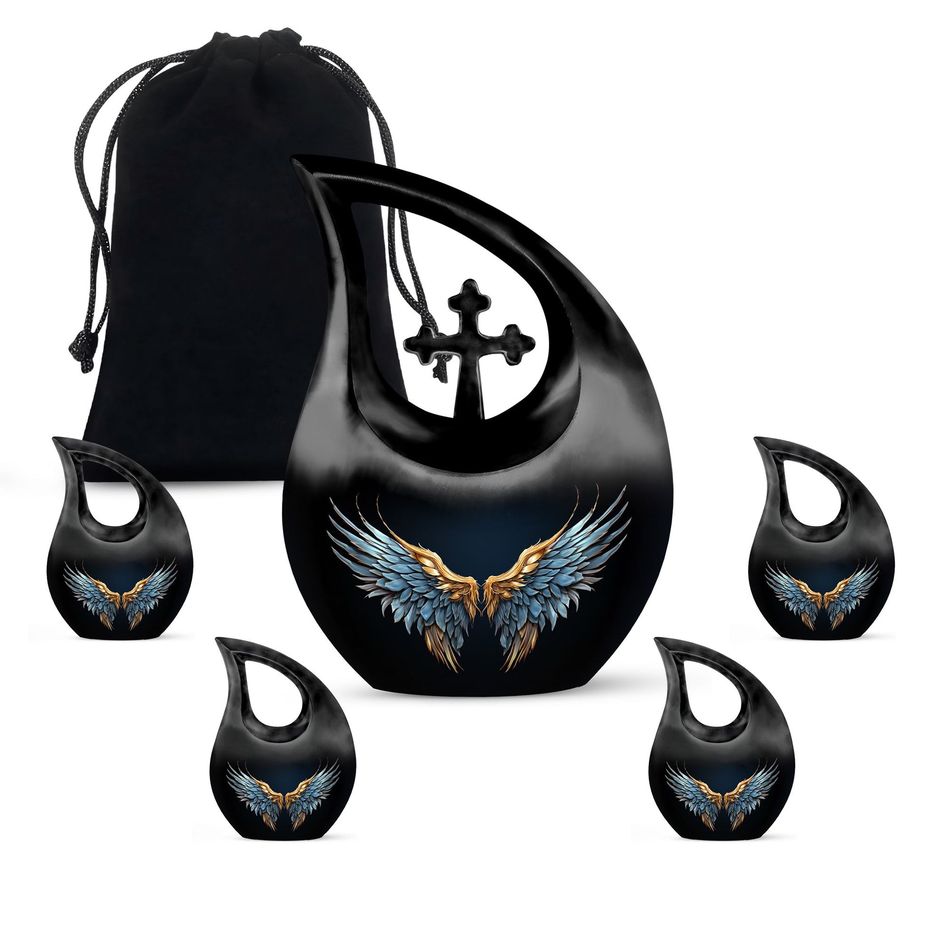 Wings Blue Theme Large Urn With 4 Keepsake Urn