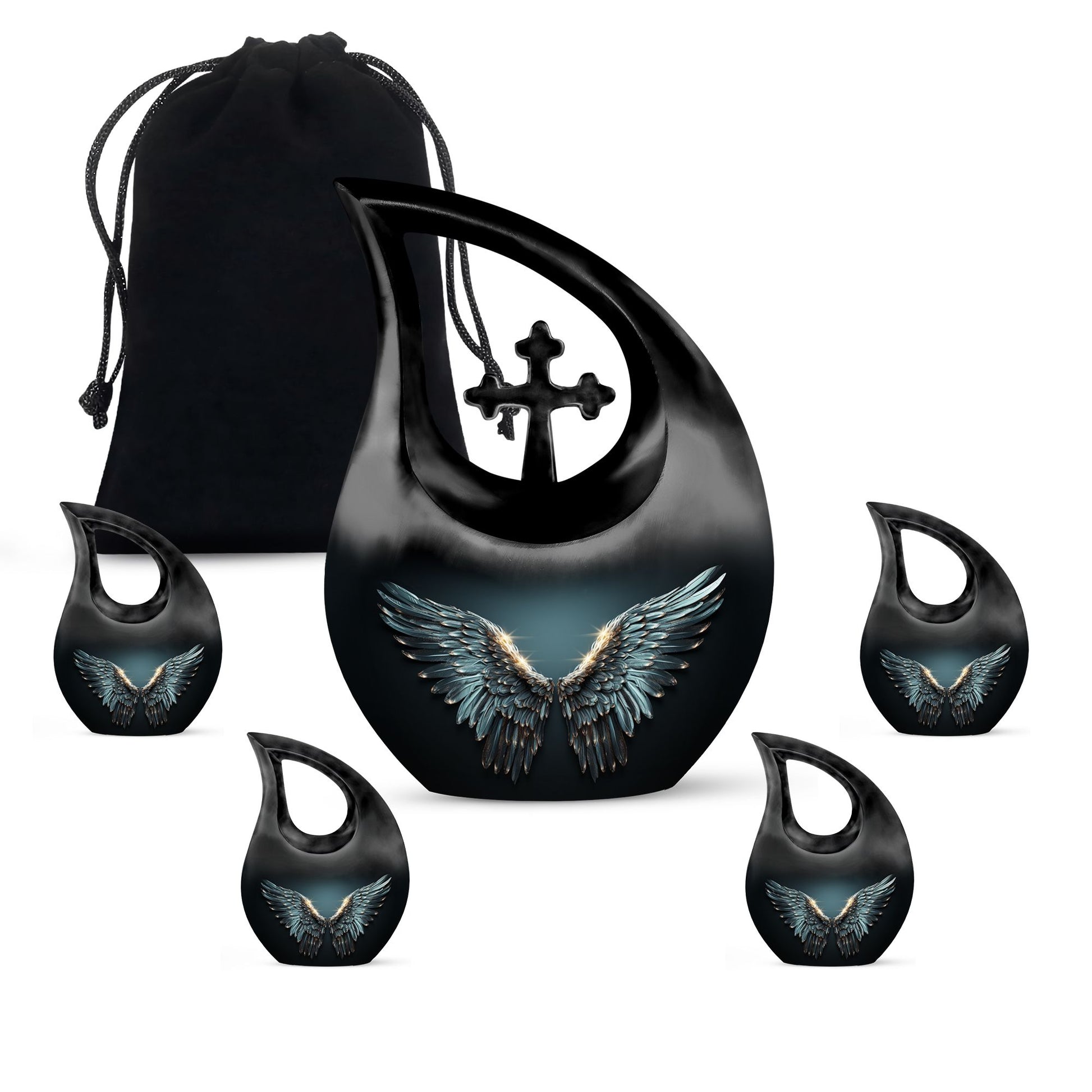 Wings Blue Theme Large Urn With 4 Keepsake Urn