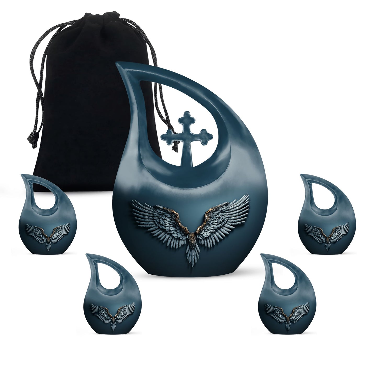 Wings Blue Theme Large Urn With 4 Keepsake Urn