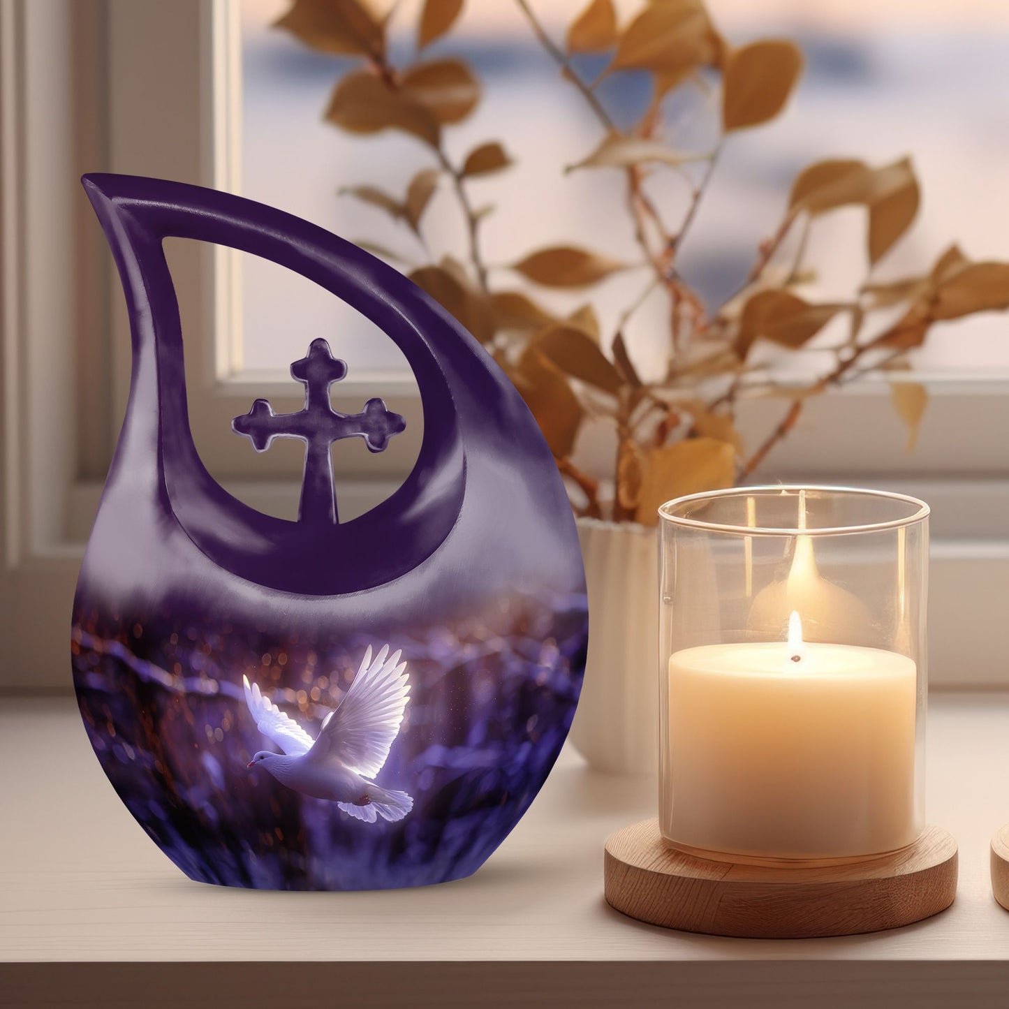 White Dove on Purple large memorial urn