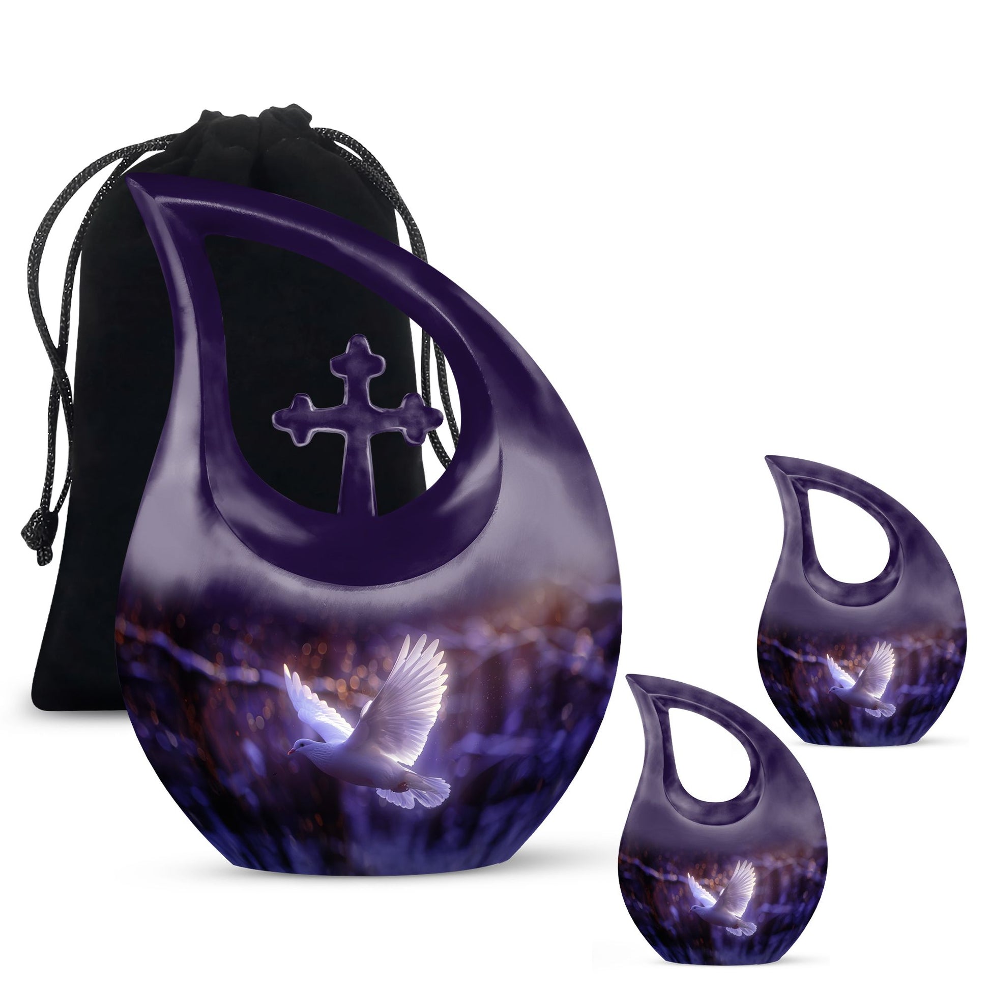 White Dove On Purple Theme Large Urn With 2 Keepsake Urn
