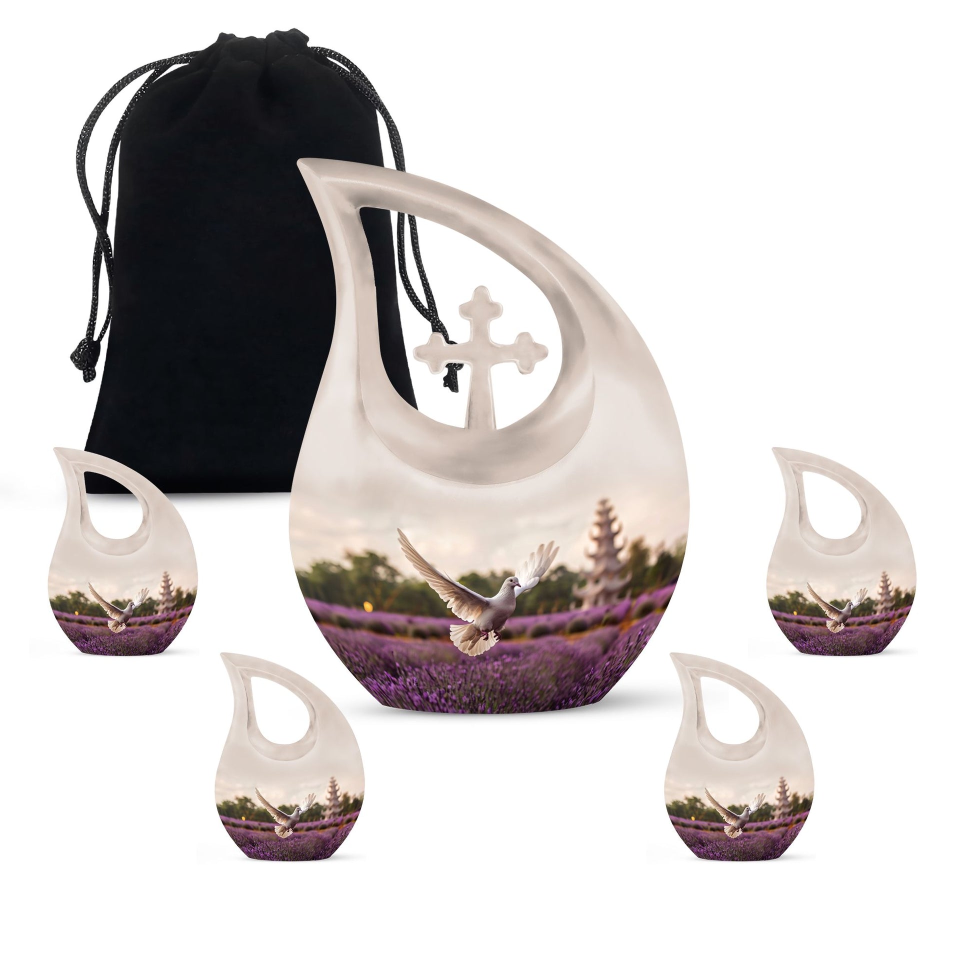 White Dove On Purple Theme Large Urn With 4 Keepsake Urn