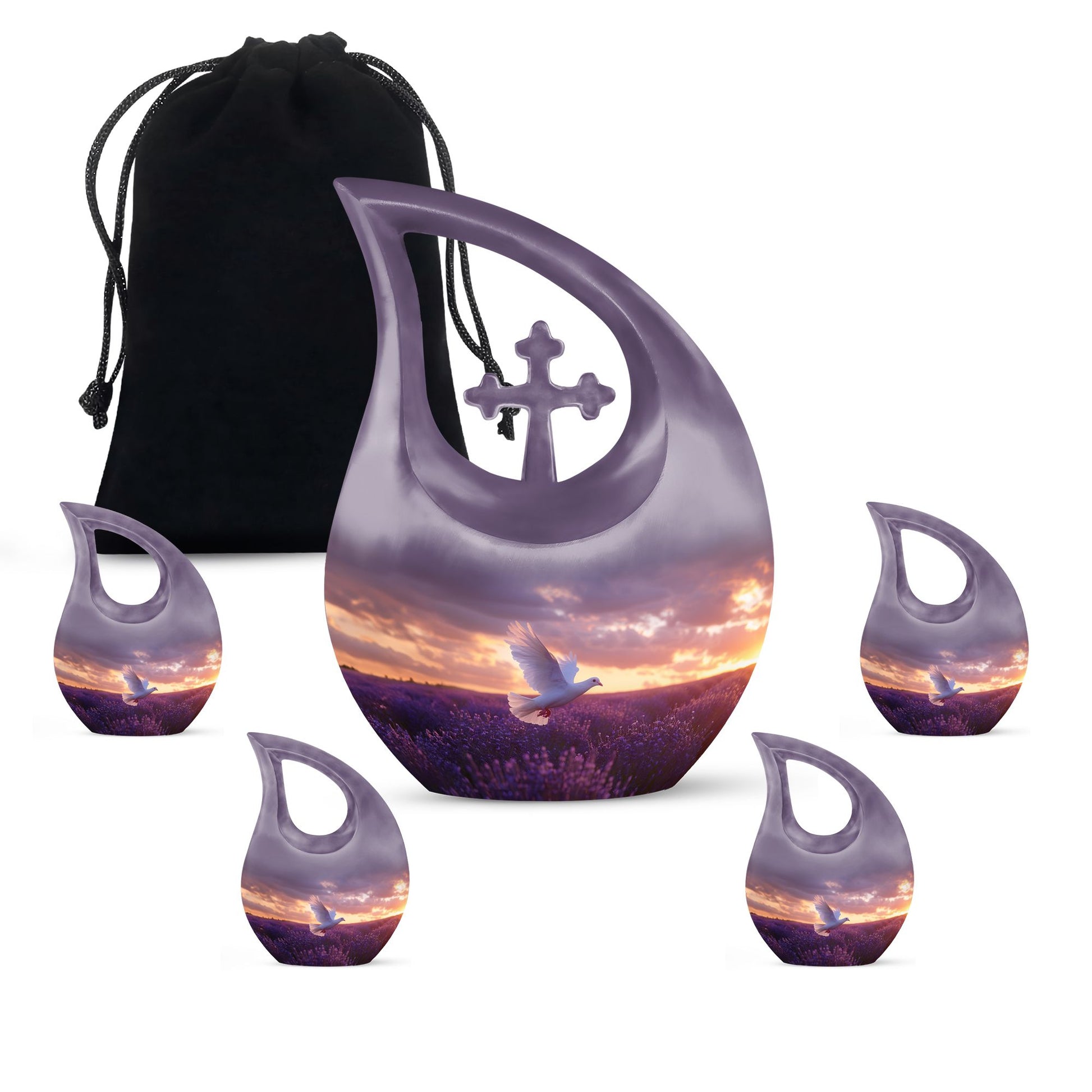 White Dove On Purple Theme Large Urn With 4 Keepsake Urn