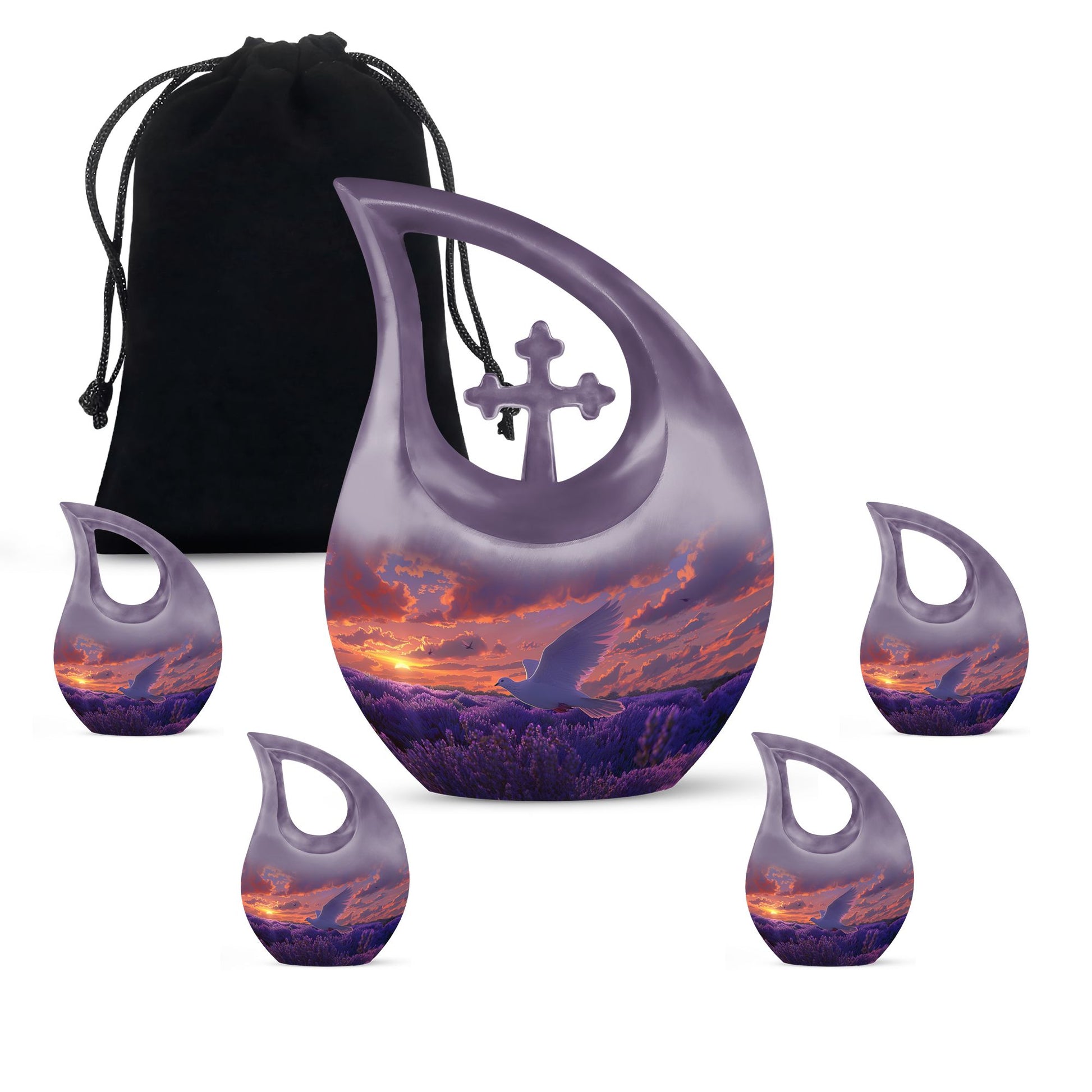 White Dove On Purple Theme Large Urn With 4 Keepsake Urn