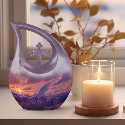 Cross Drop design White Dove on Purple large Urn