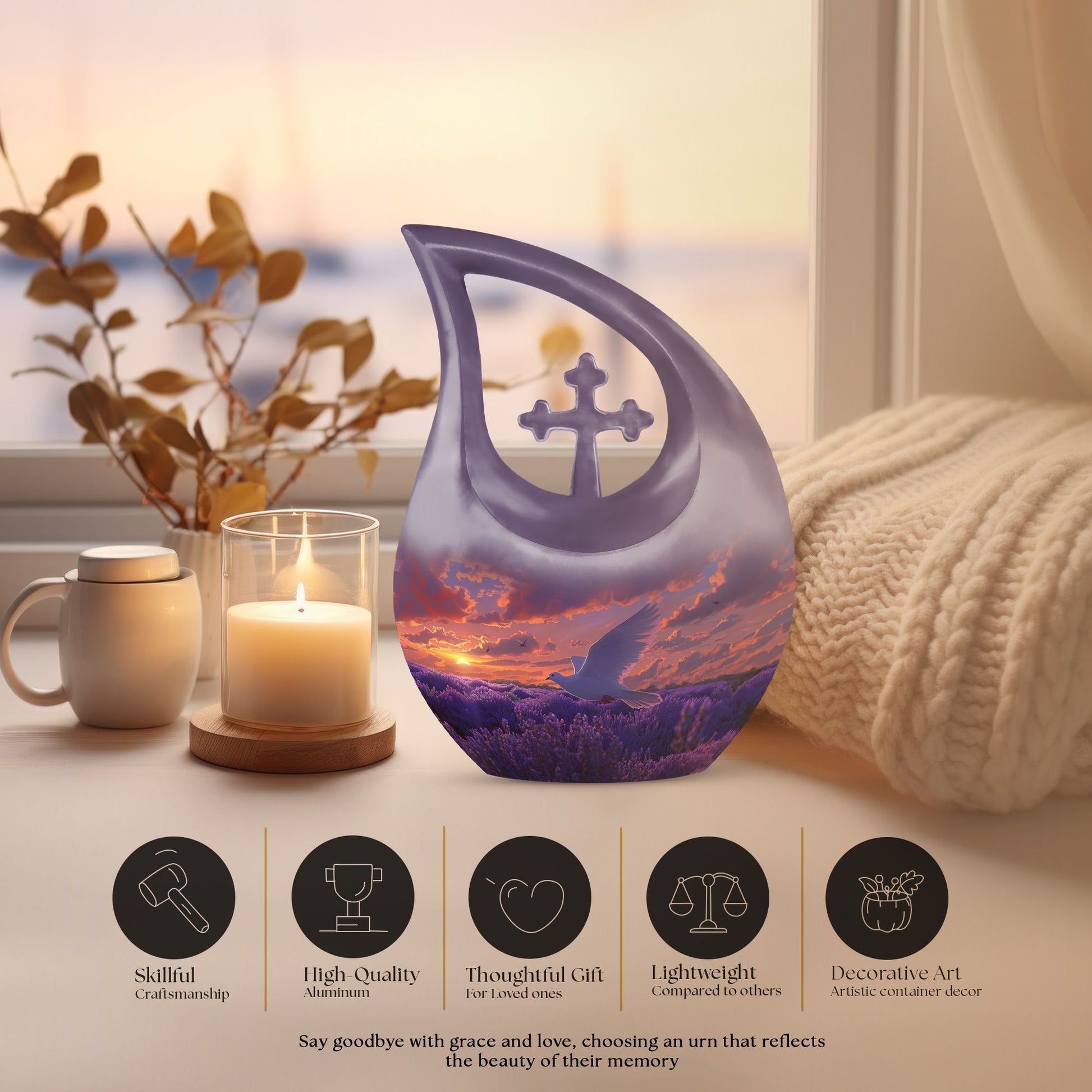 Cross Drop design White Dove on Purple large Urn