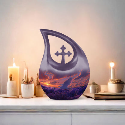 Cross Drop design White Dove on Purple large Urn