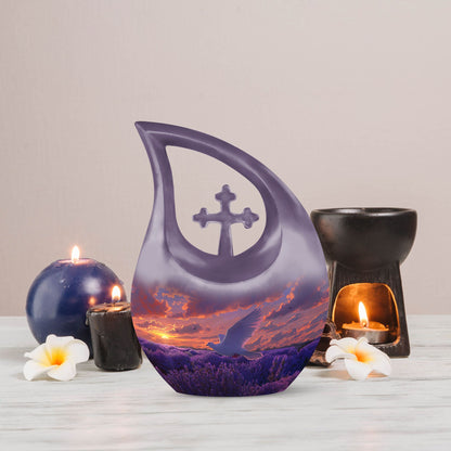 Cross Drop design White Dove on Purple large Urn