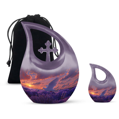 Cross Drop design White Dove on Purple large Urn