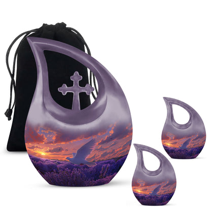 White Dove On Purple Theme Large Urn With 2 Keepsake Urn