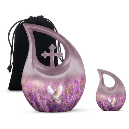 White Dove On Purple Theme Large Urn With 1 Keepsake Urn