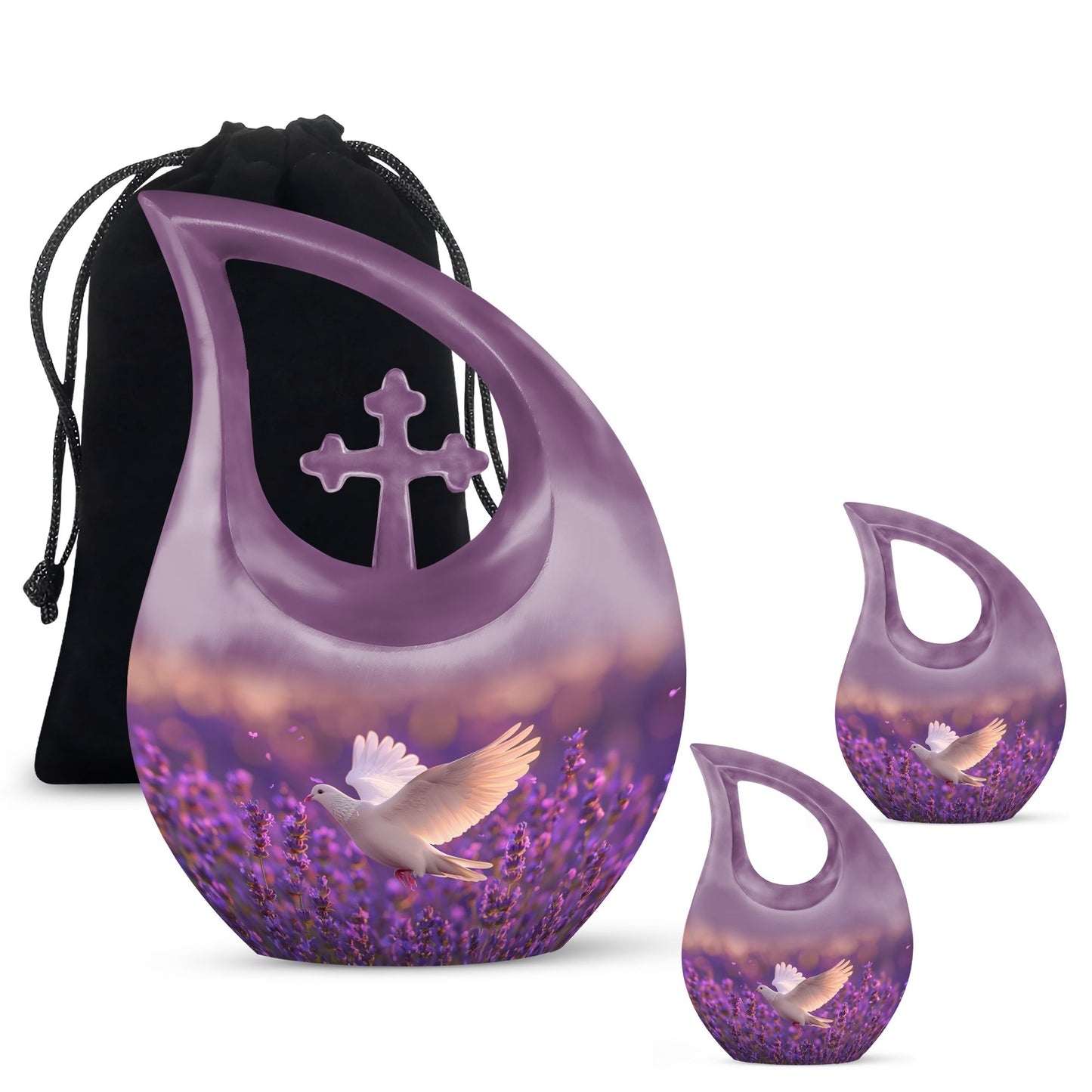 White Dove On Purple Theme Large Urn With 2 Keepsake Urn
